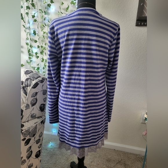 LOGO by Lori Goldstein Waffle Knit Striped Lace Hem Button Down Tunic Top - Picture 3 of 6